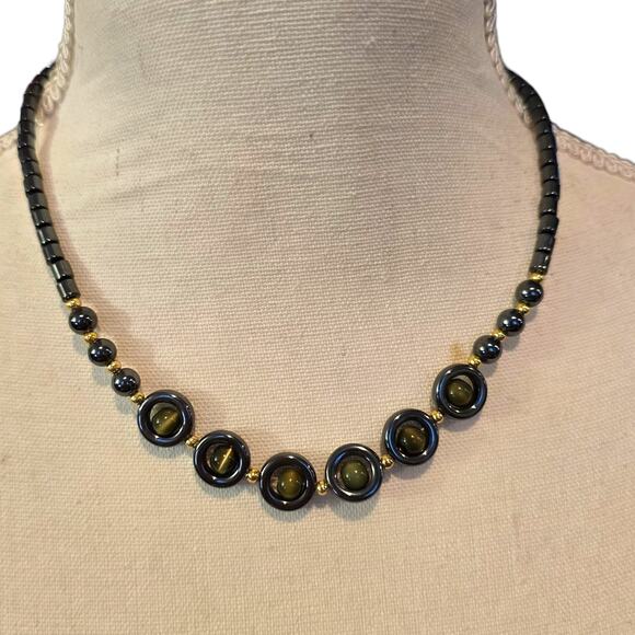 Unbranded Jewelry - Vintage Hematite Tiger Eye Bead Necklace Gold Tone Accents 16" Choker Jewelry